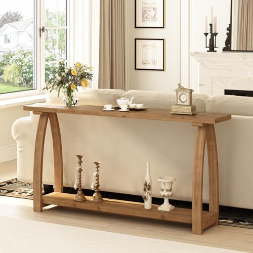 HOKYHOKY Solid Wood Console Table, 63" Long Farmhouse Entryway Tables Narrow Behind Couch Table with A-Shaped Curved Legs, Rustic Skinny Sofa Tables for Living Room, Hallway or Foyer HOKYHOKY
