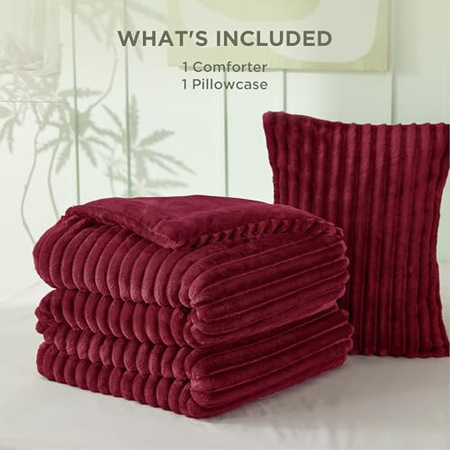 Bedsure Twin/Twin XL Size Comforter - GentleSoft™ 2 Pieces Double-Side Fleece Fluffy Dark Red Comforter Set, Cozy Striped Room Decor Aesthetic Luxury Twin Bedding Sets, 1 Pillowcase, 68x88 Inches Bedsure