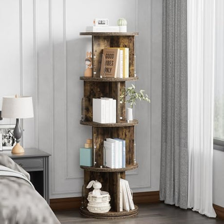 VECELO 4 Tier Revolving Bookshelf Tower, 360° Display Floor Standing Storage Rack with Acrylic Visible Window Partition for Bedroom, Living Room Home and Office, Brown VECELO
