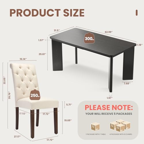 MALOL 9-Piece Rectangular Dining Table Set for 8, 63" Industrial Kitchen Table with 8 Tufted Parsons Dinner Chairs for Dining Room, Kitchen, Living Room, Black+Beige MALOL