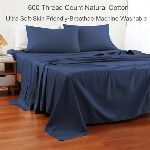 Shunjie.Home 100% Cotton Full Bed Sheets Set - 600 Thread Count Sateen - 4 Piece Bed Sheet Set, Deep Pocket with All Around Elastic, Breathable & Durable Hotel Luxury Bedding - Navy Blue Shunjie.Home