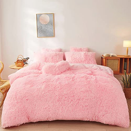 FOPPA Fluffy comforters Cover Twin Size - Ultra Soft Plush Pink Bedding Sets 2 Pieces (1 Faux Fur Comforter Cover + 1 Fuzzy Pillow case) Girls Shaggy Pink Twin Bed Set (Light Pink, Twin) FOPPA