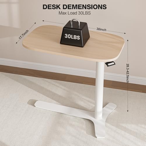 Muvai Overbed Bedside Table with Hidden Casters,30 Inches Adjustable Height Pneumatic Mobile Laptop Standing Desk, Rolling Computer Table for Home & Hospital Use ，Light Rustic Brown 30" W x 17.7" D Muvai