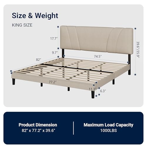 Avenco King Bed Frame, Upholstered Platform Bed Frame with Adjustable Headboard, Wood Slat Support, Easy Assembly, No Box Spring Needed, Beige Avenco