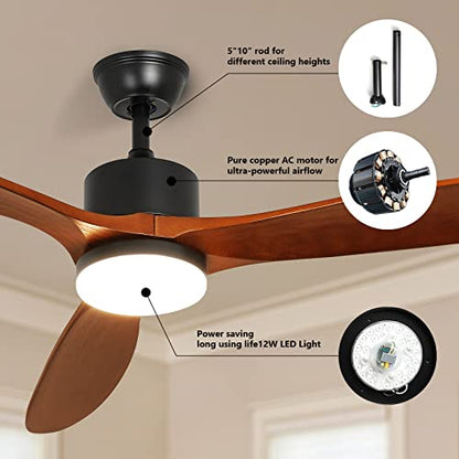 Depuley 52" Ceiling Fan with Lights Remote Control, Indoor Outdoor Ceiling Fan with 3 Solid Rubber Wood Blade, Noiseless AC Motor Wood Ceiling Fan for Living Room, Bedroom, Patio, Timer