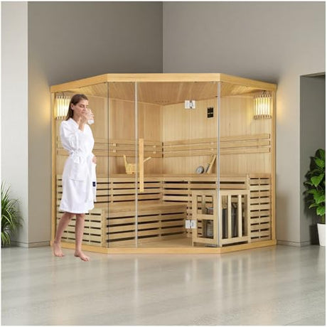 Customize Indoor Steam Sauna, 4-8 Person, Pentagon Design with Electric Sauna Heater, Canadian Hemlock/Red Cedar, WiFi Control Option, Double Level Bench, 8 mm Tempered Glass, 7-Color Lights, 220V ZONEMEL