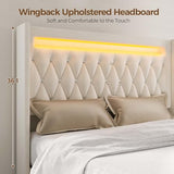 Rolanstar Queen Bed Frame with LED Light and Charging Station, Upholstered High Headboard and Footboard, Wood Slats, Noise Free, Easy Assembly, Beige Rolanstar