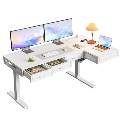 OffiGo L Shaped Electric Standing Desk with Wooden Drawers, 55 Inch Height Adjustable Corner Workstation with Power Outlets, Sit Stand Table for Home, Office, White OffiGo