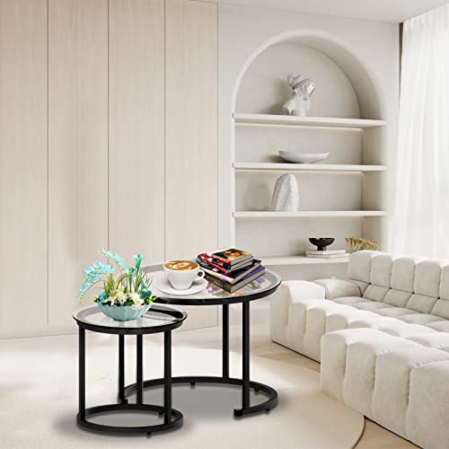aboxoo Black Nesting Coffee Glass Table Set of 2, Metal Freme Side End Tables for Living Room Bedroom for Apartment Small Place Modern Industrial Simple, 23.6D x 23.6W x 17.7H in aboxoo