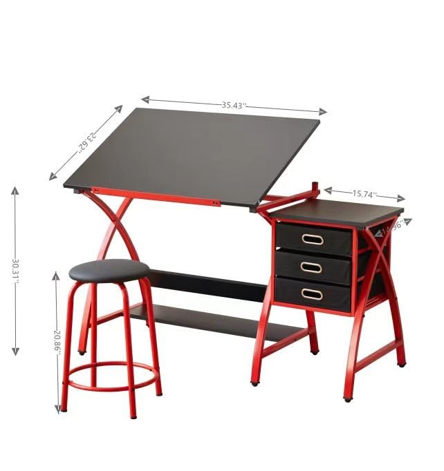 LOPOO Drafting Table Adjustable Large Desktop, Modern Metal Artist Drawing Table, Multi-Functional 0-75° Tiltable Tabletop Art Desk and Painting Station with 3 Storage Drawers and Stool, Red- - WoodArtSupply