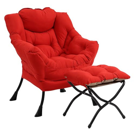 SESHINELL Lazy Chair with Ottoman, Modern Accent Chair Contemporary Sofa Chair with Armrests, Reading Chair and Folding Footstool Set for Living Room, Bedroom, Office, Red SESHINELL