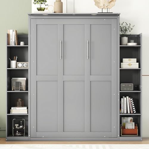 Merax Full Size Murphy Bed with 2 Five-Layer Cabinet, Modern Wall Bed with Shelves and LED Lights, Foldable Wood Platform Bed Folded into Cabinet for Guest Room, Home and Office, Grey Merax
