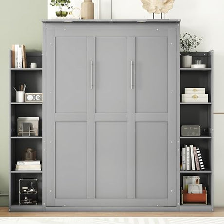MERITLINE Full Murphy Bed Kit with Storage 8 Shelves and LED Lights, Wood Murphy Bed Cabinet Murphy Bed in a Cabinet Grey Murphy Wall Bed Units Full Size, LP00069 MERITLINE