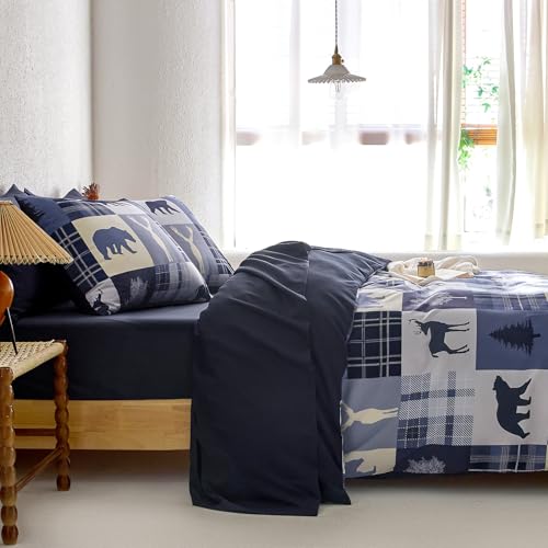 Wake In Cloud - Rustic Duvet Cover Set, Cabin Christmas Lodge Western Country Bear Deer Holiday RV Outdoor Winter Theme, Soft Lightweight Bedding, 3-Piece, Blue Beige, Twin/Twin XL Size Wake In Cloud