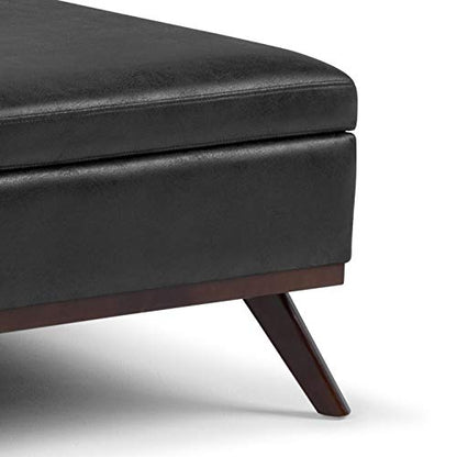 SIMPLIHOME Owen 36 Inch Wide Mid Century Modern Square Coffee Table Lift Top Storage Ottoman in Upholstered Distressed Black Faux Leather, For the Living Room