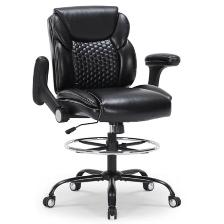 Drafting Chair, Ergonomic Tall Office Chair with Soft Adjustable Armrests and Foot Ring, Standing Desk Chair PU Leather High Office Chair for Counter Height Desk, Swivel Computer Stool, Black Generic