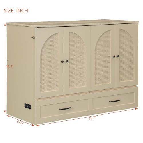P PURLOVE Full Murphy Bed with Large Drawers, Wood Cabinet Bed with USB Port, No Box Spring Needed, Easy Assembly (Gold) P PURLOVE