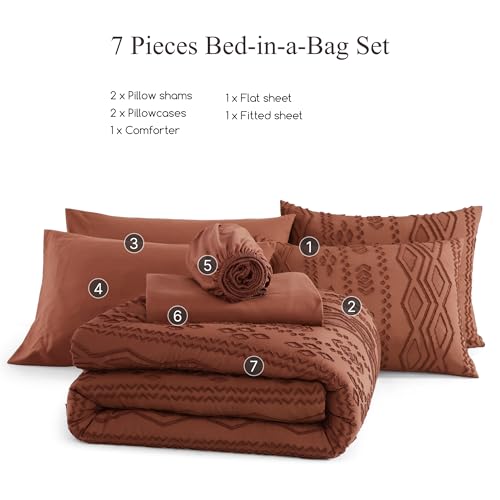 AMBERSPACE Queen Comforter Set Autumn Leaf, Tufted Boho Bedding Farmhouse Bed Set, All Season 7 Pieces Bed in a Bag with Sheets, Pillowcases & Shams AMBERSPACE