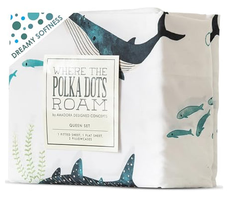 Where The Polka Dots Roam Nautical Ocean Queen Bedding Set - 4 Piece Super Soft Kids Bed Set with Fitted Sheet, Flat Sheet, and Pillowcases - Underwater Sea Creatures Design for Boys Girls Room Décor Where The Polka Dots Roam