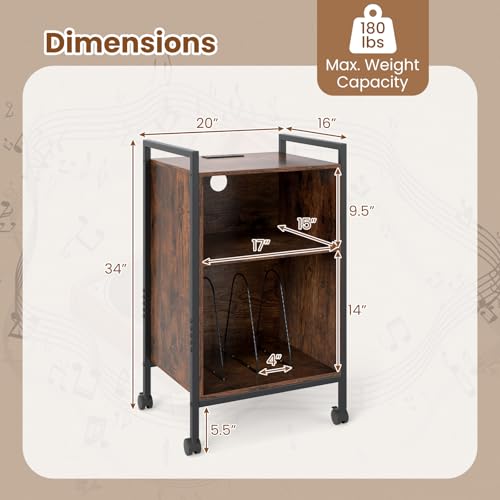 Giantex Record Player Stand with Charging Station, Mobile Turntable Stand with Record Storage & 4 Rolling Wheels, 3-Tier Vinyl Record Storage w/ Open Shelves & Dividers for Living Room, Rustic Brown Giantex