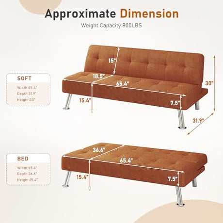 Furnimart Futon Sofa Bed, 66" Corduroy Convertible Futon Couch with 3-Position Adjustable Backrest, Solid Wood Frame Sleeper Sofa for Small Space, Living Room, Apartment, Office, Brown Furnimart