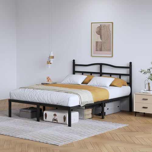 SHOANED 14 Inch Metal Bed Frame - Queen Size Heavy Duty Bedframe with Headboard Black Basic Steel Slats Platform No Box Spring Needed/Easy Assembly/Noise Free SHOANED