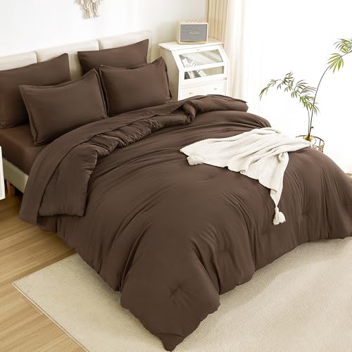 Litanika Queen Comforter Set Brown - 7 Pieces Bed in a Bag Queen Bedding Comforter Sets, Solid Lightweight Bed Set with Comforter, Sheets, Pillowcases & Shams Litanika