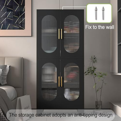 Winiowa 61" Black Metal Pantry Cabinet with Adjustable Shelves and Acrylic Glass Doors winiowa