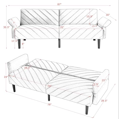 78" Modern Sofa Bed Futon,Convertible Sleeper Bed Couch with 4 Reclining Backrest,Comfy Velvet Cloud Sofa Loveseat for Living Room Bedroom Office (Black) Anwick