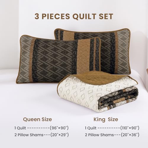 Dinjoy King Size Quilt Set Boho, Soft 3 Pieces Striped Bedspreads Quilts Brown Bedding Sets Boho Lightweight Quilted Coverlets Set Fall Bed for All Seasons 110"x90" Dinjoy