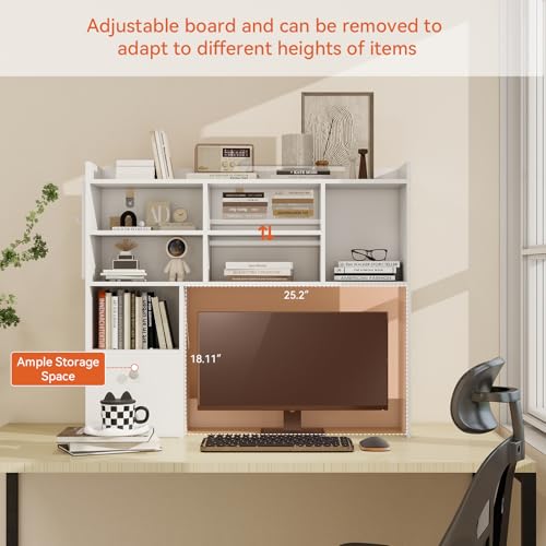 ELECWISH Desktop Bookshelf, Desk Shelf with 2 Drawers for Computer Desk, 36.22" 7-Tier Adjustable Desktop Hutch Organizer with Pegboard for Home Office, White ELECWISH