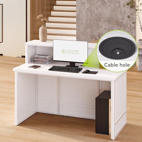 LITTLE TREE 57-Inch Reception Desk with Counter, Boho Style Front Desk, Modern Checkout Counter, Receptionist Desk for Retail, Lobby, Salon, Office, White LITTLE TREE