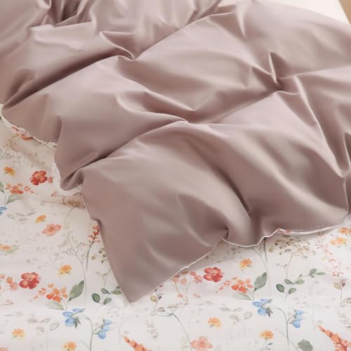 Zusbest Botanical Floral Duvet Cover Queen 100% Cotton Orange Blue Flower Patterned Bedding Beige Tan Comforter Cover with Zipper, Soft Skin-Friendly, Luxury Minimalist Wildflower Print Bed Set, 3Pcs Zusbest