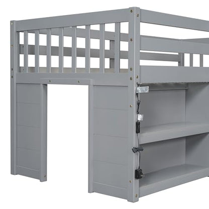 Harper & Bright Designs Low Loft Bed with Storage Shelves and LED Light for Kids, Twin Size, Gray - WoodArtSupply