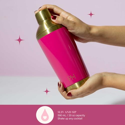 Paris Hilton 2-Piece Cocktail Shaker Set, Double Wall Insulated Stainless Steel Mixer with Built-In Strainer and Double-Sided Jigger, 20-Ounce, Gold and Hot Pink Paris Hilton