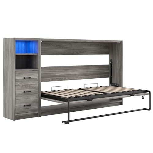 SOFTSEA Twin Horizontal Murphy Bed with Storage, Hideaway Murphy Bed Cabinet with Drawers & LED Light, Farmhouse Hidden Wall Bed Frame Space-Saving for Guest Room Bedroom Office, Grey SOFTSEA