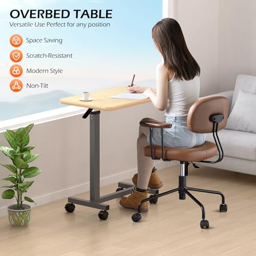 WOTURE Adjustable Overbed Table with Wheels, Bedside Rolling Table, Pneumatic Height Adjustment, Hospital Bed Table on Wheels, Standing Desk, Bedridden & Mobility Needs, Maple WOTURE