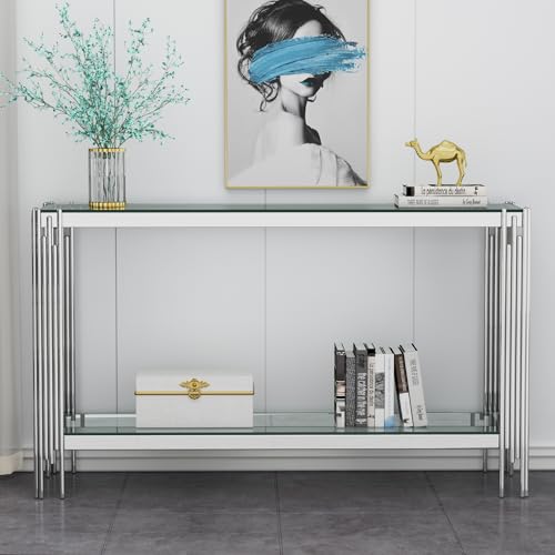 SSLine Modern Luxury Console Table Rectangular Glass Accent Entryway Table for Hallway Living Room, 2-Tier Storage, Silver Stainless Steel Frame Design SSLine