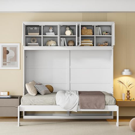 Merax Modern Farmhouse Solid Wood Murphy Bed Chest with Top Cabinets, Tall Wall Platform Bed Space Saving/Wood Slat Support Full,White Merax