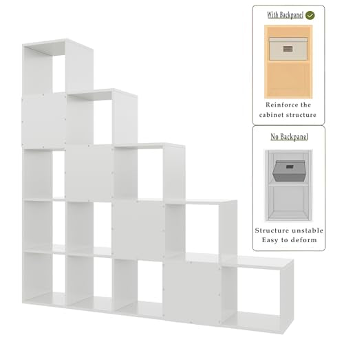 OSCHF Ladder Cube Storage Bookcase - Wooden L-Shaped 5-Tier Corner Shelf, Reversible 15-Cube Organizer for Home & Office, White OSCHF