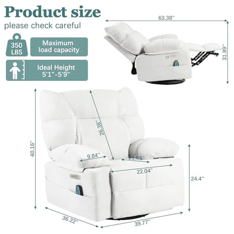 AISALL Power Swivel Rocker Recliner Chair Oversized for Adults, Electric Heated & Massage Chair Recliner with USB/Type-C, Fabric Nursery Recliner for Living Room,Bedroom, White AISALL