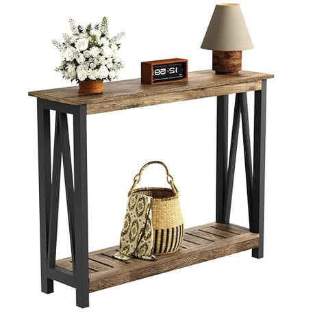 ChooChoo Farmhouse Console Table, Rustic Vintage Narrow Sofa Table for Entryway, Living Room, Hallway, 40 Rustic Oak & Black ChooChoo