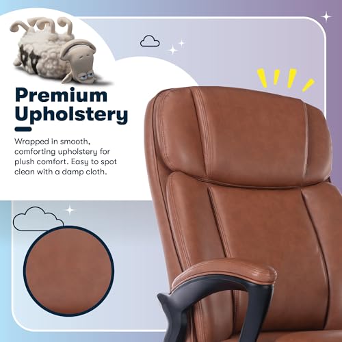 Serta Fairbanks Big & Tall Executive Office Chair, Ergonomic Comfy High-Back ComputerChairs with Lumbar Support, Semi-Plush Seat Cushion, Padded Armrests, Nylon Swivel Base, Bonded Leather, Cognac Serta