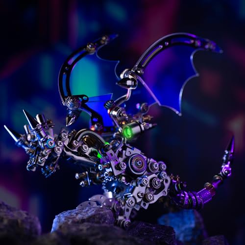 Arcynix Mostarle Reno Blue Dragon 3D Metal Puzzle Kit, 613 Pieces, Magnetic Assembly, LED Light-Up Color Changing Wings, Adjustable Display, DIY Mechanical Model for Advanced Builders Collectors