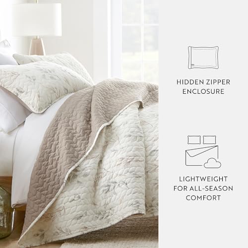 Linen Market Quilt Coverlet Set All Season Patterned Reversible Microfiber Ultra Soft Bedding in Watercolor Leaves - King/Cal-King Watercolor Leaves Latte Linen Market
