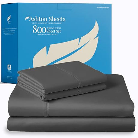Ashton Sheets 100% Egyptian Cotton Sheets Twin Size - 3 PC 800 High Thread Count Egyptian Cotton Twin Size Bed Sheets Set (Dark Grey), Soft, Cooling, 16" Deep Pocket Sateen Weave Luxury Hotel Bedsheet Ashton Sheets