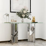 Asday Silver and Glass Console Table, 60 Inch Sofa Table, Silver Rectangle Entryway Table with Polished Mirror Base for Living Room, Hallway Asday