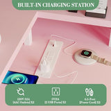 LALFPET U-Shaped Desk with Power Outlets & LED Lights - 79" Reversible Corner Computer Desk with Monitor Stand and Storage Shelf for Home Office, Gaming, and Two-Person Use, Pink LALFPET