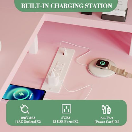 LALFPET U-Shaped Desk with Power Outlets & LED Lights - 79" Reversible Corner Computer Desk with Monitor Stand and Storage Shelf for Home Office, Gaming, and Two-Person Use, Pink LALFPET
