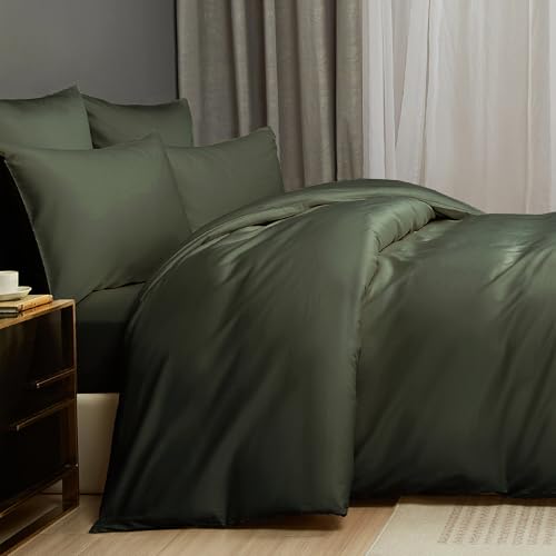 Olive Green Cotton Duvet Cover Set Queen 100% Long-Staple Cotton Sateen Bedding Set, Soft Breathable Smooth Organic Pure Cotton Plain Comforter Cover, Luxury Minimalist Bedroom Decor for All Season YASMENG